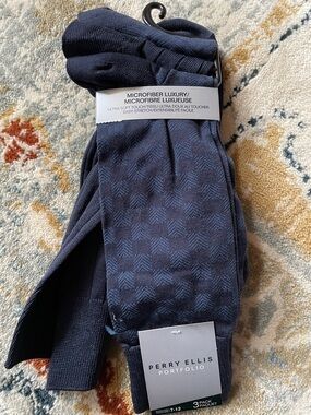 Perry Ellis Navy Check Microfiber Dress Socks - 3 Pack